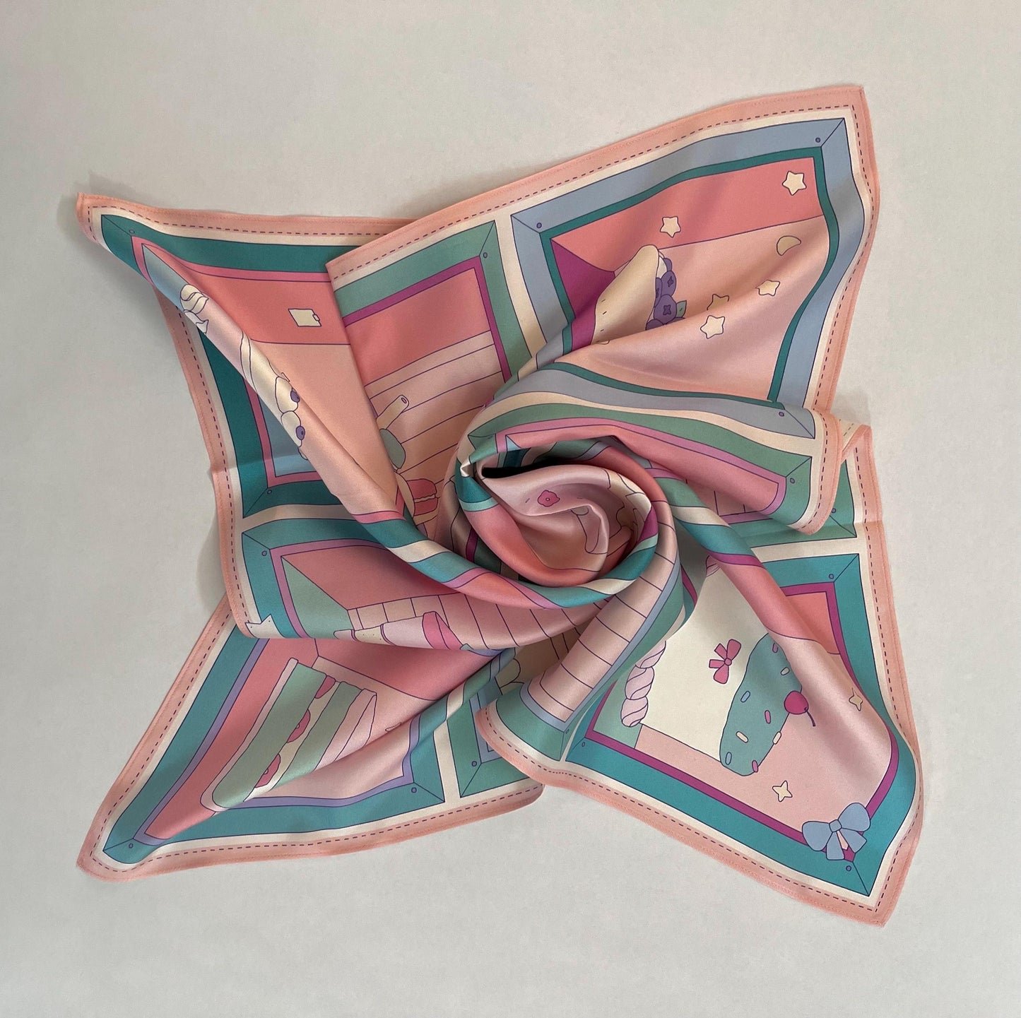 Cake Mulberry Silk Scarf - Kawaii Patisserie Print Hair & Neck Wrap