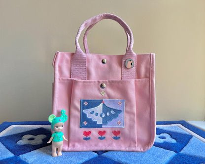 Baby Pink Bird Embroidered Canvas Tote Bag - Kawaii Aesthetic School Bag