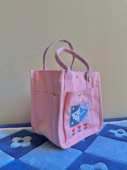 Baby Pink Bird Embroidered Canvas Tote Bag - Kawaii Aesthetic School Bag