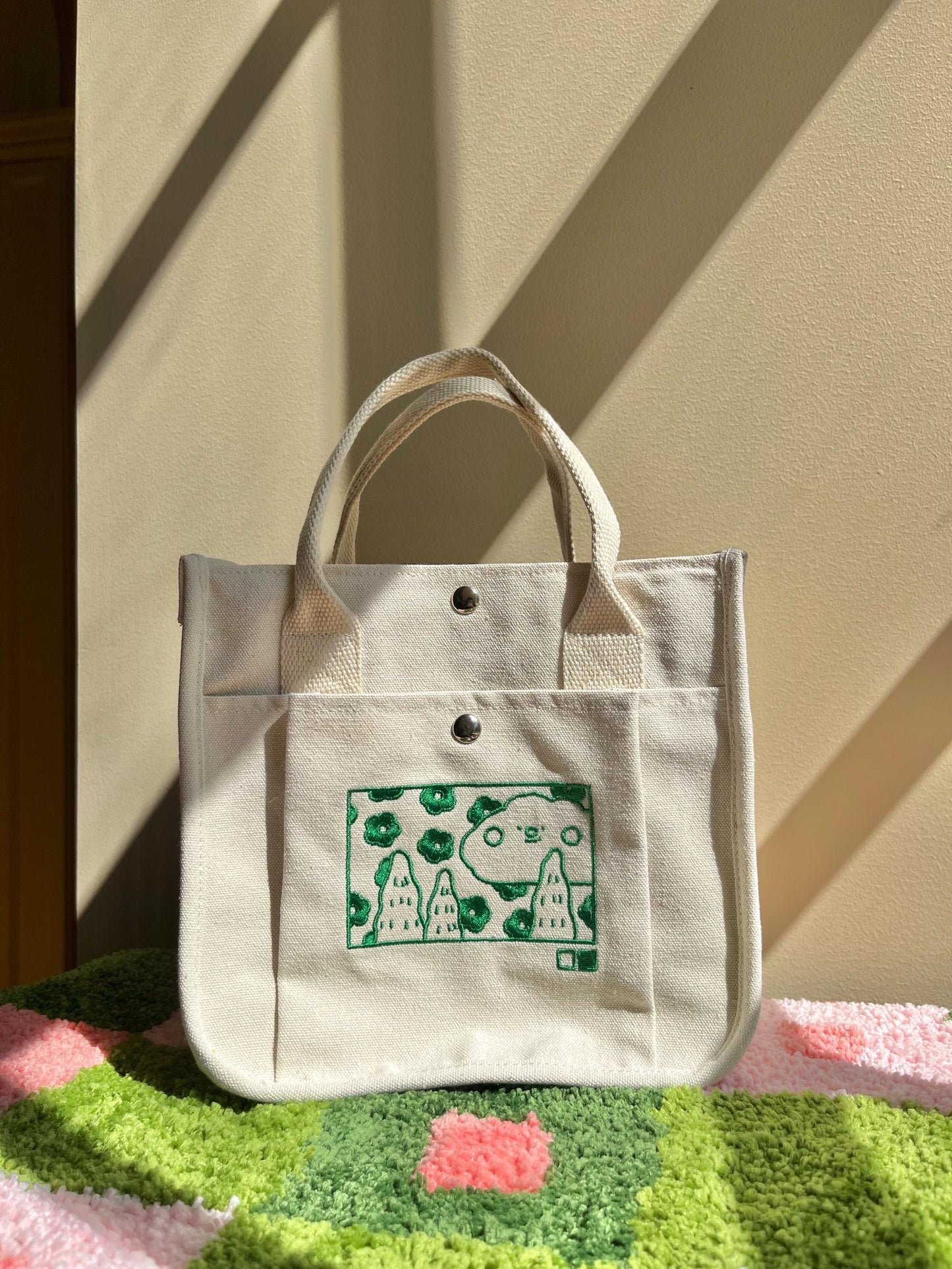 Beige Cloud Embroidered Canvas Tote Bag - Kawaii Aesthetic Lunch Bag