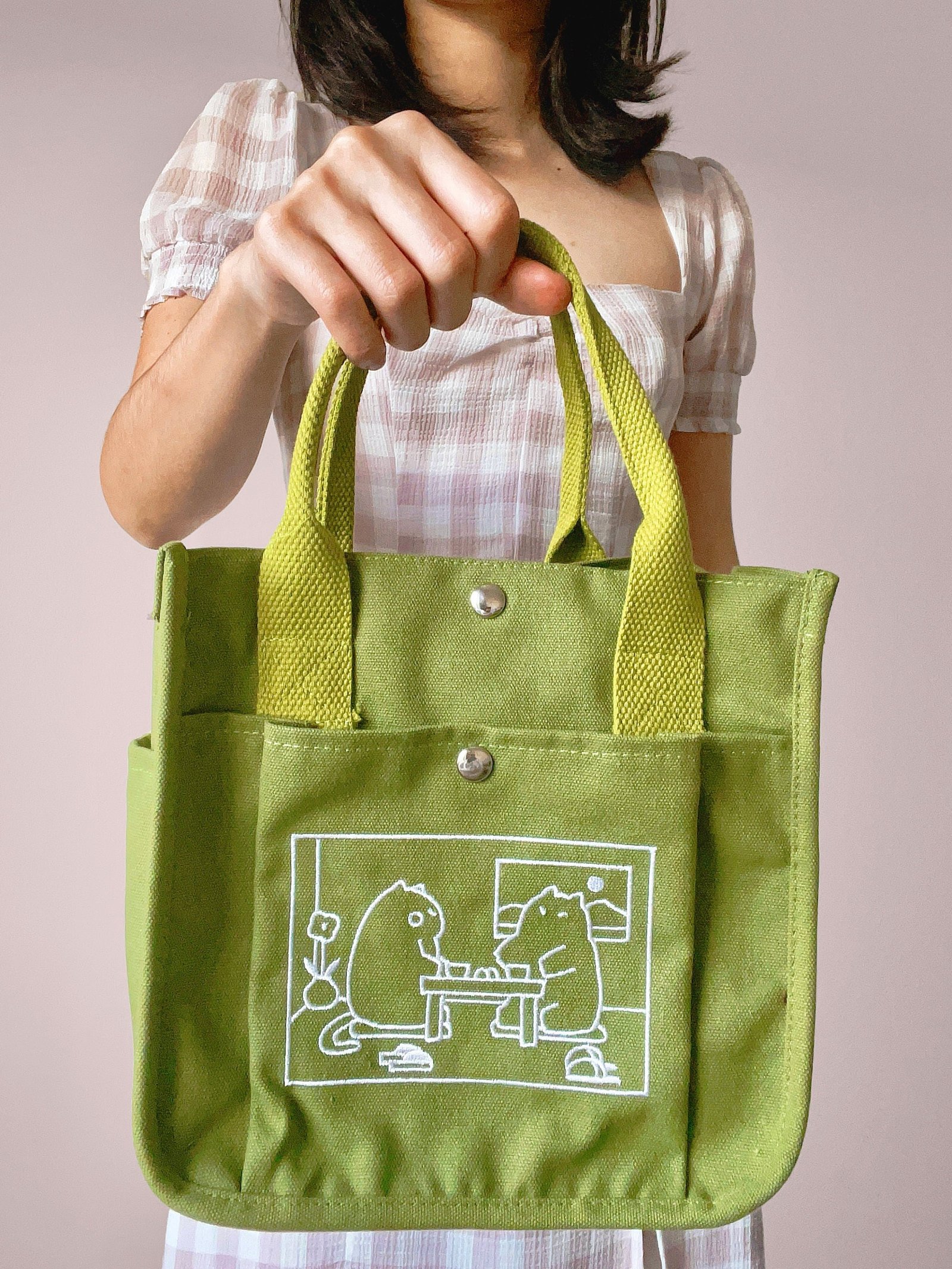 Matcha Cat Embroidered Canvas Boxy Tote 2
